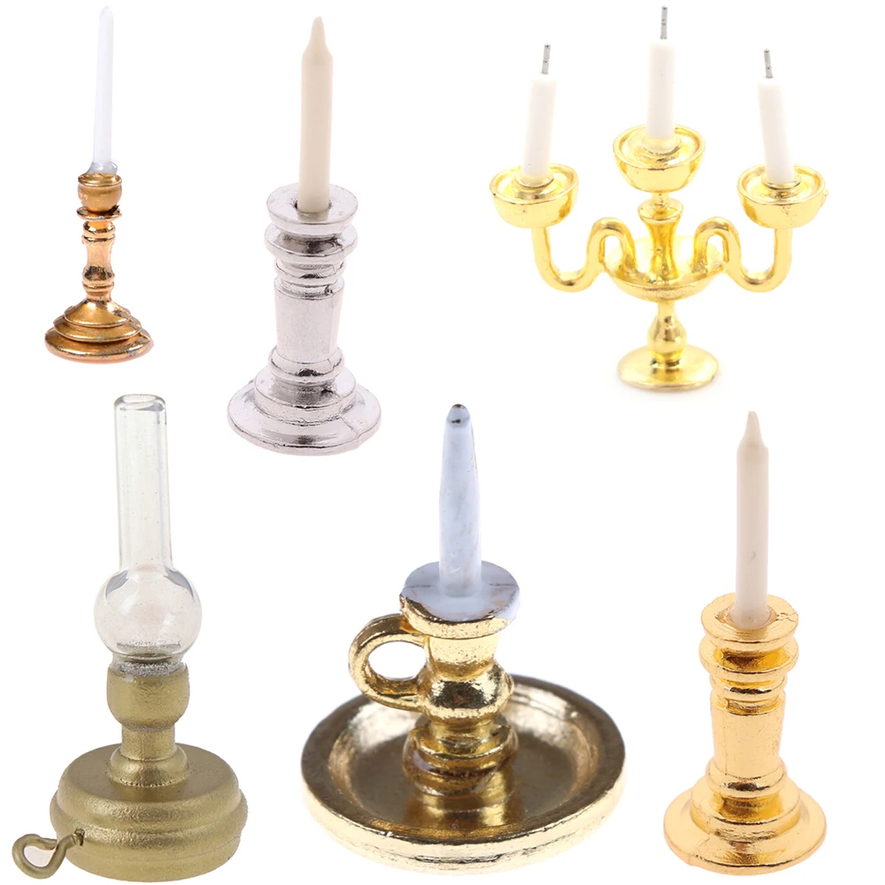 1:12 Dollhouse Miniature Candle Vintage Golden Silver Metal Holder Stick Dollhouse Furniture Accessories Children Toys