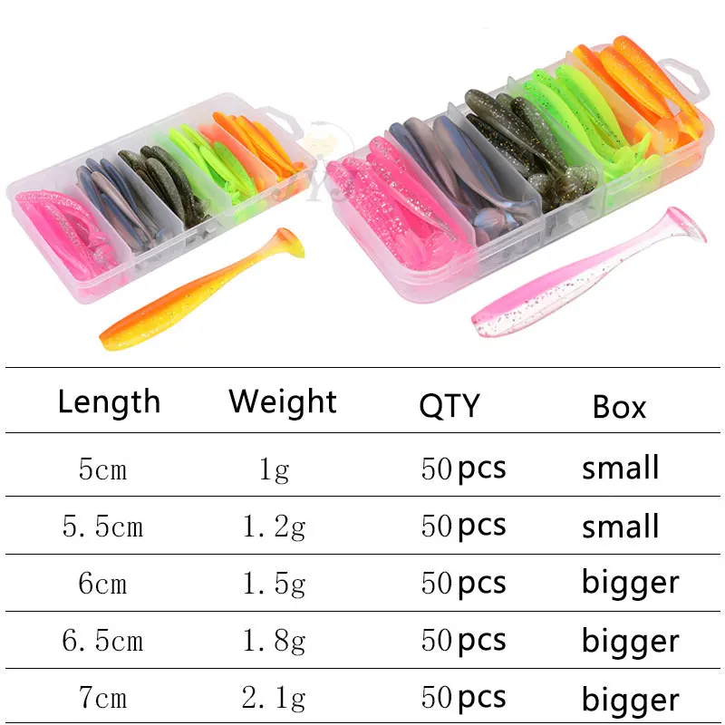 JYJ box package 50pcs 5cm 5.5cm 6cm 7cm soft T tail paddle tail baits ,artificial isca pesca wobbler bass minnow lure silica