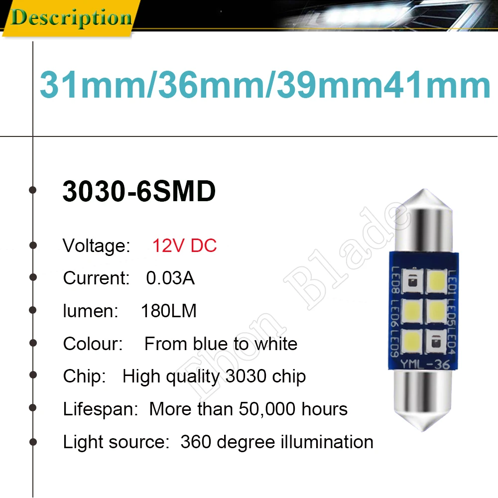 Pair 31mm 36mm 39mm 41mm LED Car Light Interior Festoon Dome Map Reading License Plate Trunk Bulb Lamp Blue Change to White 12V