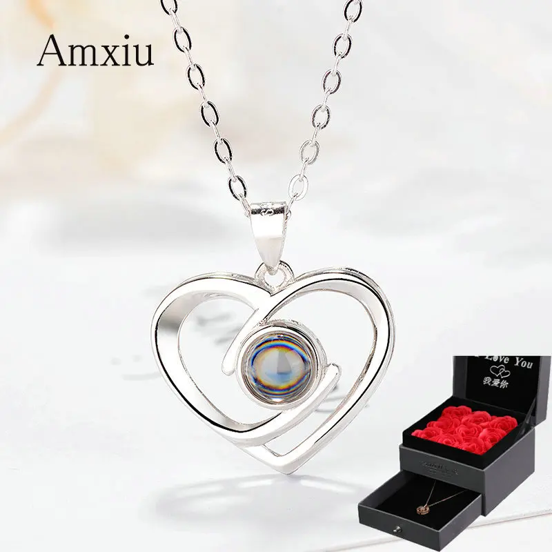 

Amxiu S925 Silver Choker Necklace 100 languages I love you Projection Necklace For Women Jewelry Personalized Heart Necklace