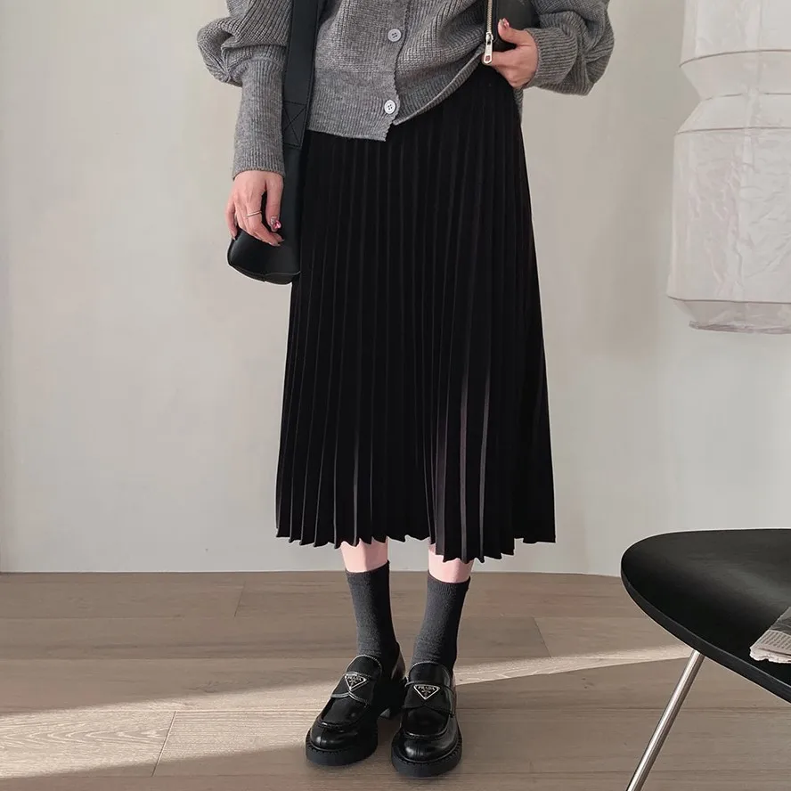 new A Line solid Women Skirts Pleated new Mi-long New Skirt Female Vintage Suede Skirts Jupe Femme Faldas Mujer