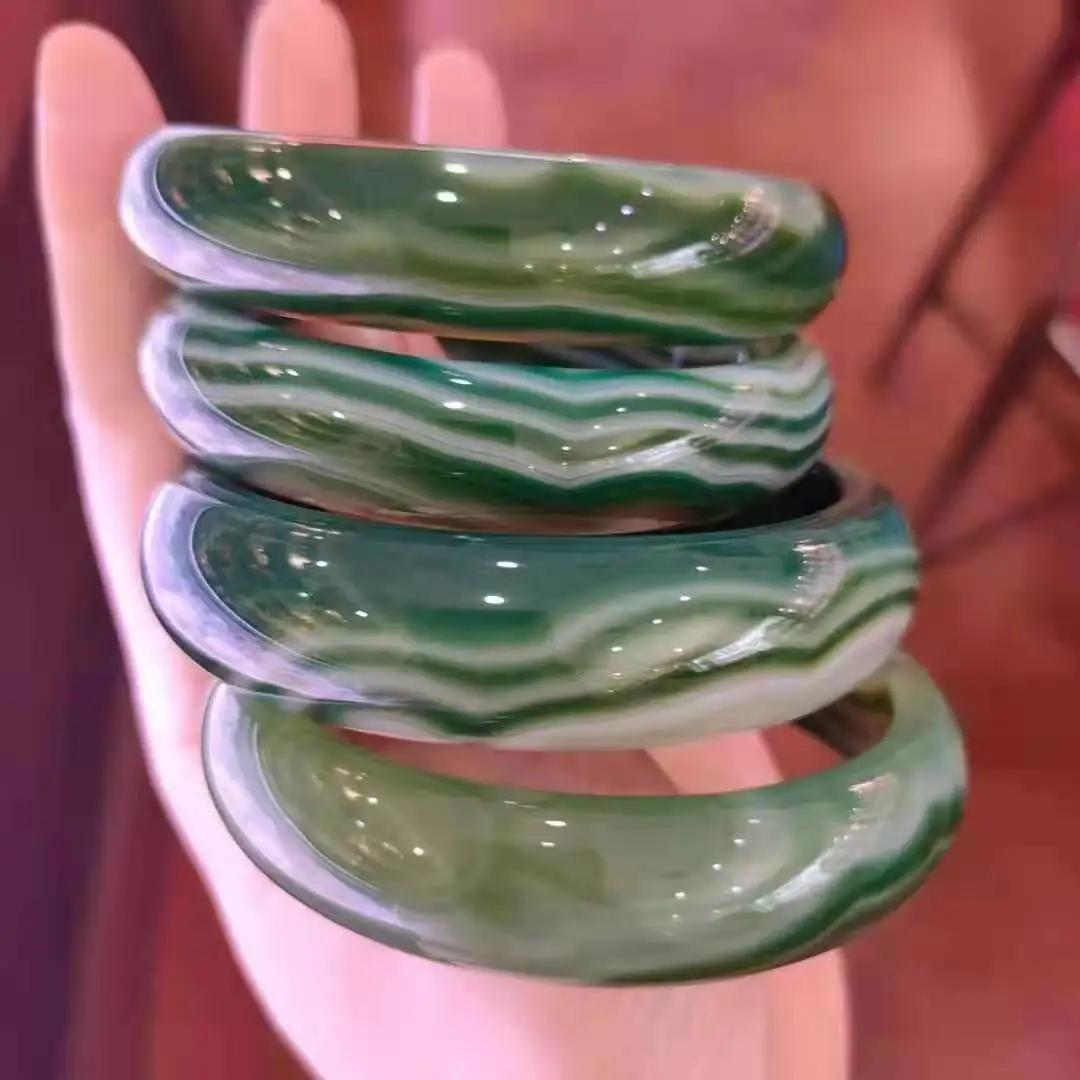 pure Natural Chalcedony Original Ecological Pattern Green Handcarved Jade Bangles Agate Jewelry Fashion Hand ring Fine Jewelry