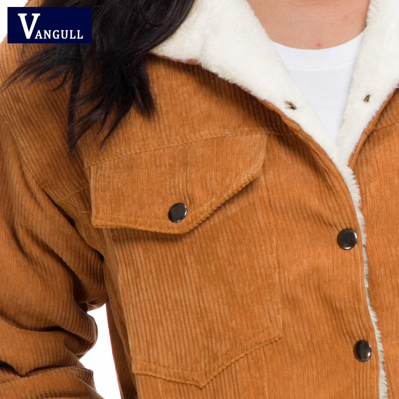 Vangull Winter New Women Corduroy Jackets Single Breasted Thicken Coat Female Casual Solid Long Sleeve Velvet Lamb Outerwear