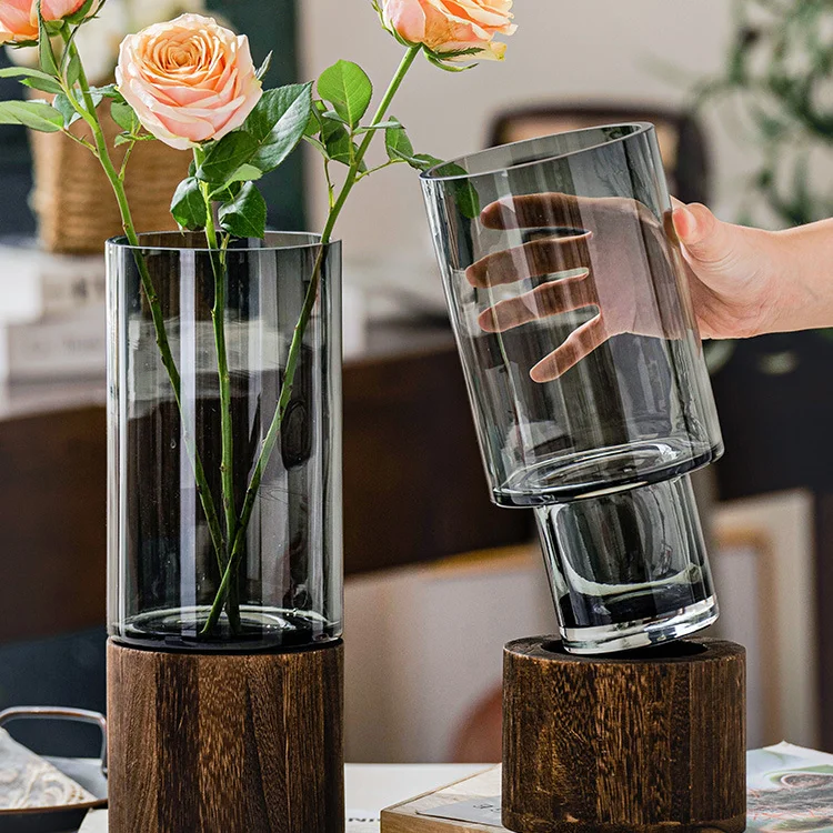 Wooden Base Vase Decoration Simple and Creative Glass Water-grown Flowers Living Room Dining Table Flower Arrangement