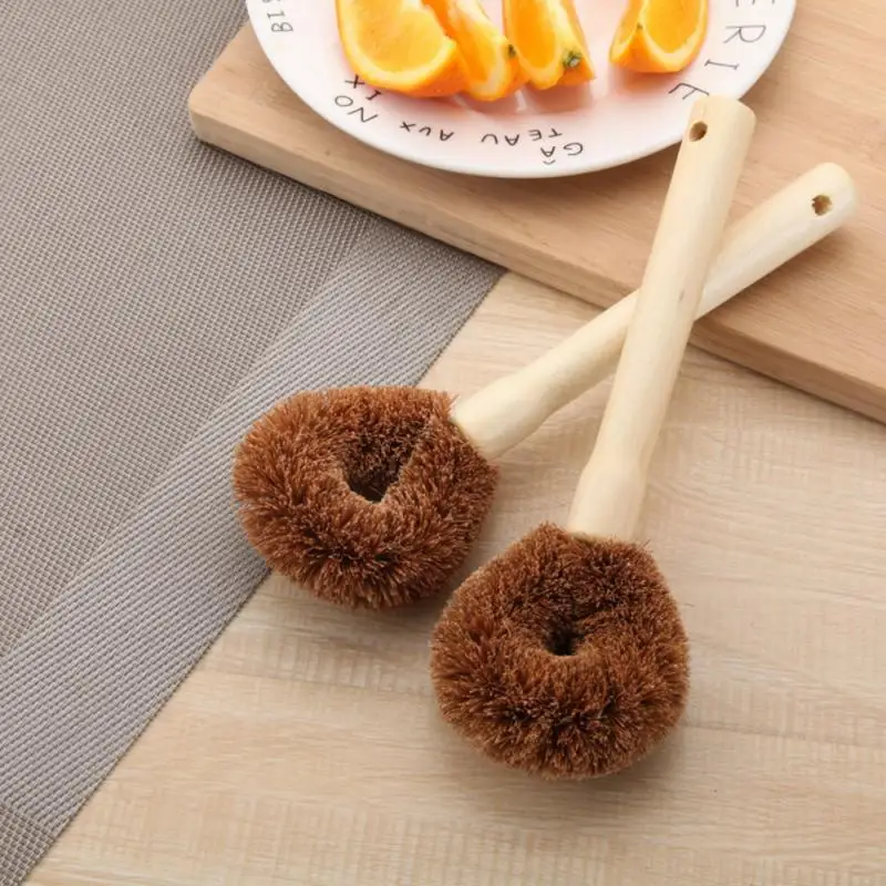 Natural Coconut Brown Non-stick Oil Wooden Long Handle Pot Brush Dish Washing Oil Cleaning Brush Can Hang Type Brush TSLM1