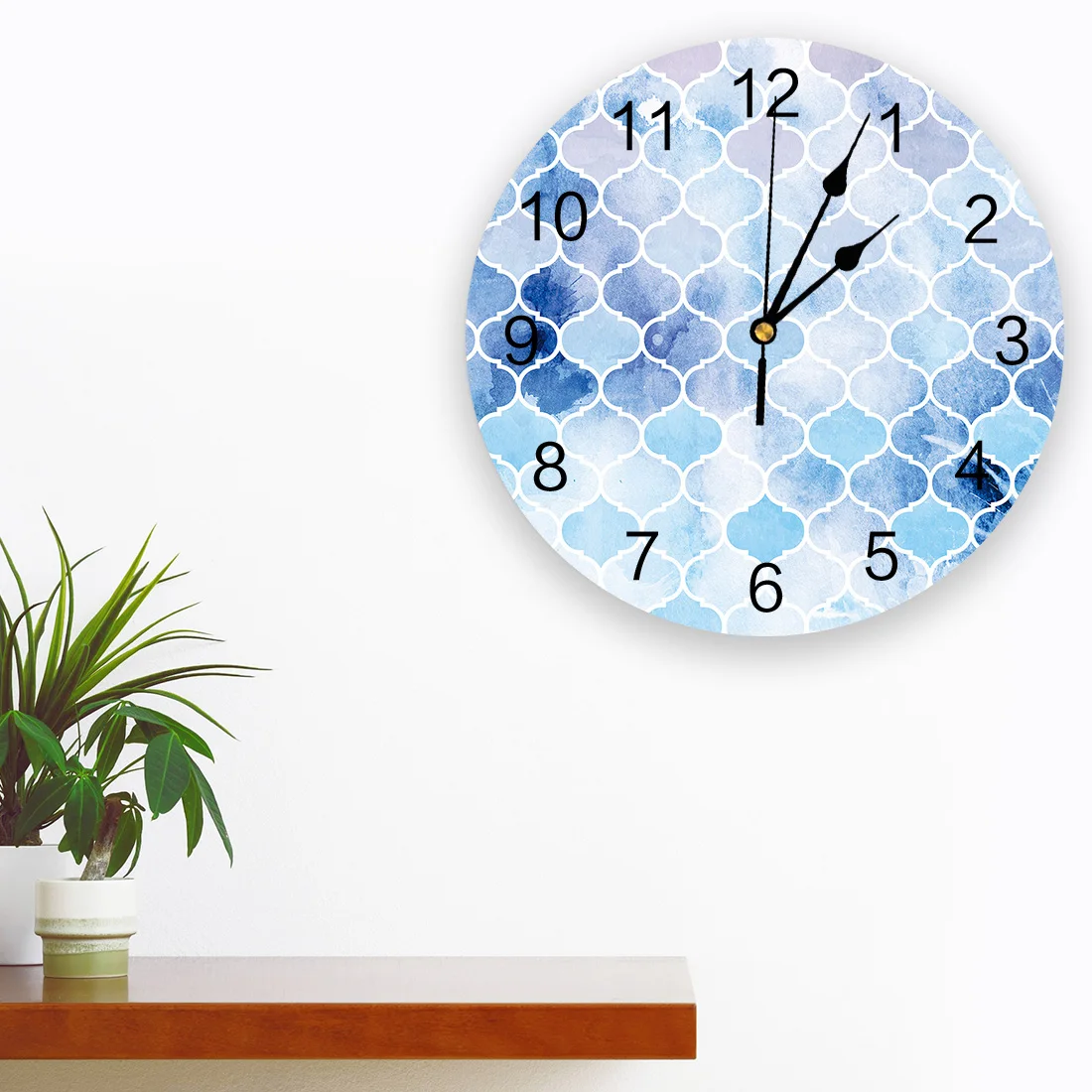 Moroccan Blue Geometric Print Wall Clock Wall Art Silent Non ticking Round Wall Watch for Home Decortaion Best Gift