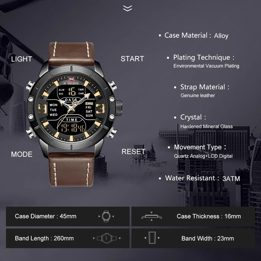 NAVIFORCE Top Brand Luxury Watch Men Military Business Genuine Leather Dual Display Wristwatch LED Date Alarm Men\'s Clock