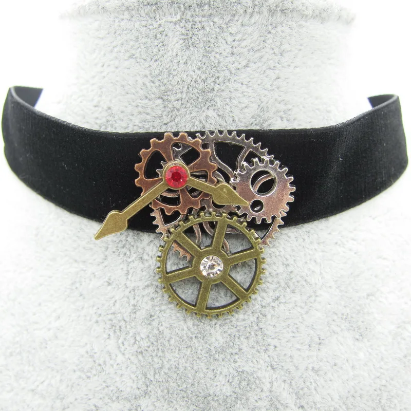 New Simple Style Black Farbic with DIY Vintage Gears Women`s Steampunk Velvet Choker