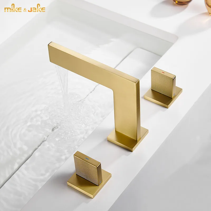 Bathroom brushed gold widespread basin faucet double handle square deck bathroom tap hot and cold sink mixer