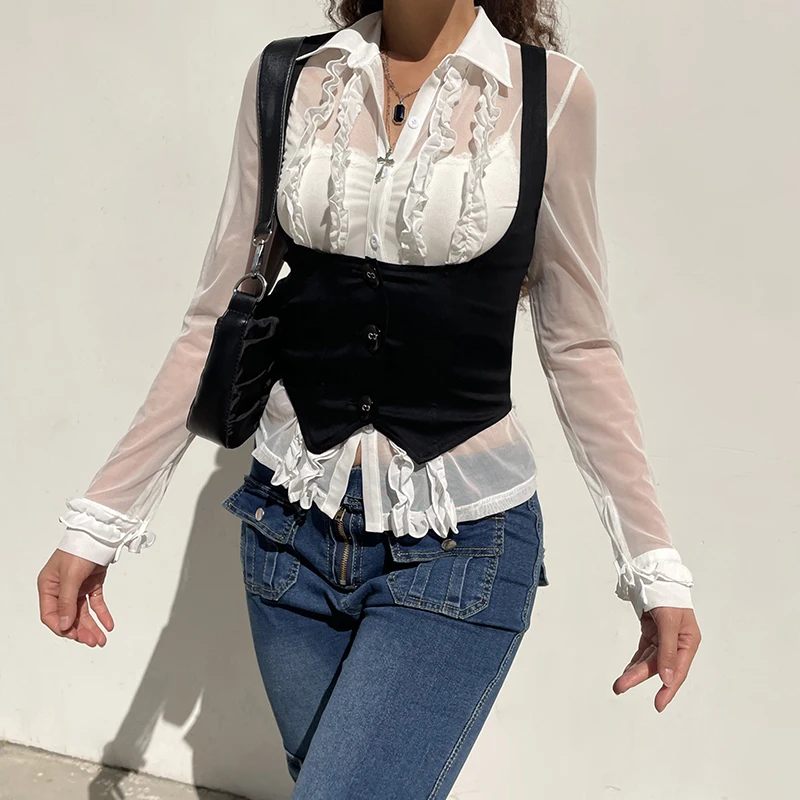 Darlingaga Vintage Dark Academia Breasted Corset Top Female Harajuku Vest Jacket Cropped Tank Tops Gothic Waistcoat Cute Summer