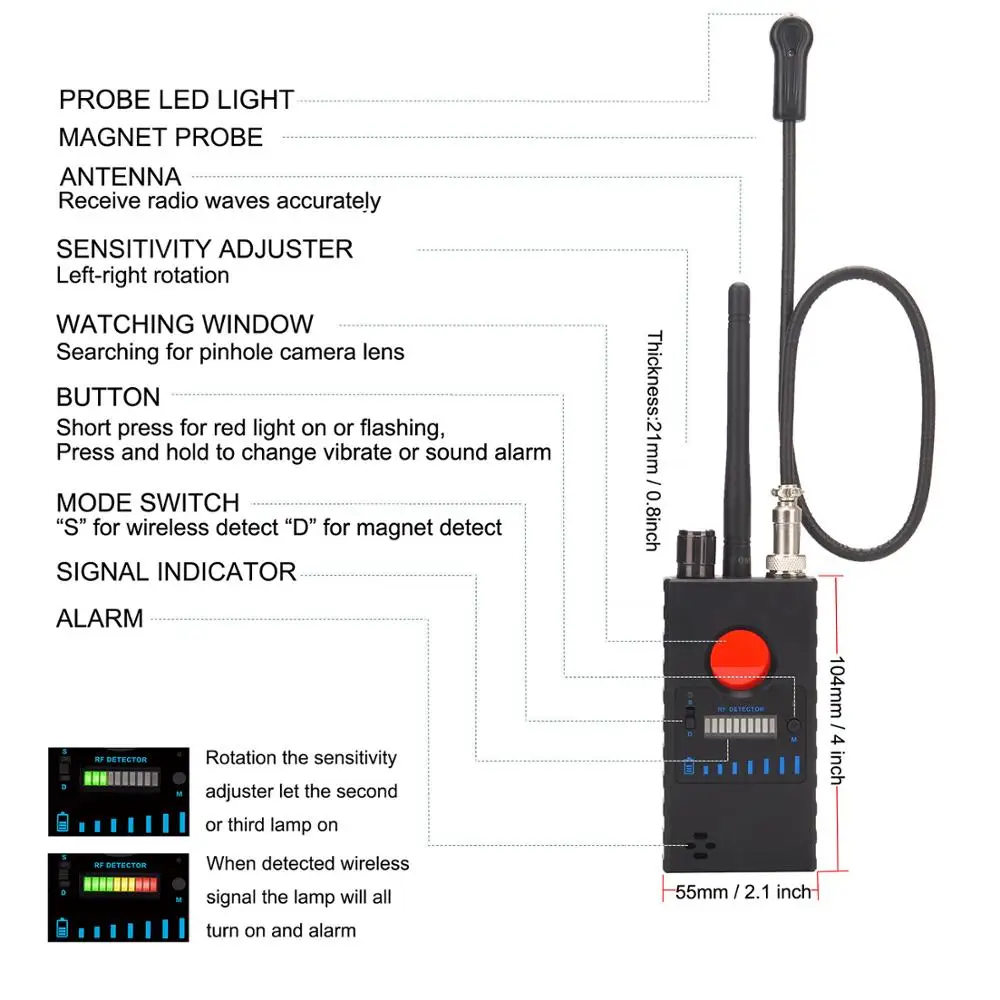 Rilevatore Anti spia, rilevatore di Bug RF Wireless, spazzatrice di Bug ultra-sensibile per rilevatore di dispositivi di ascolto GSM Mini telecamera Wireless