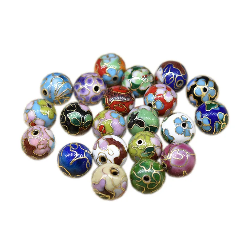 10pcs Cloisonne Enamel Polished Floral 12mm Round Beaded Chinese Copper Accessories DIY Jewelry Making Earring Necklace Bracelet