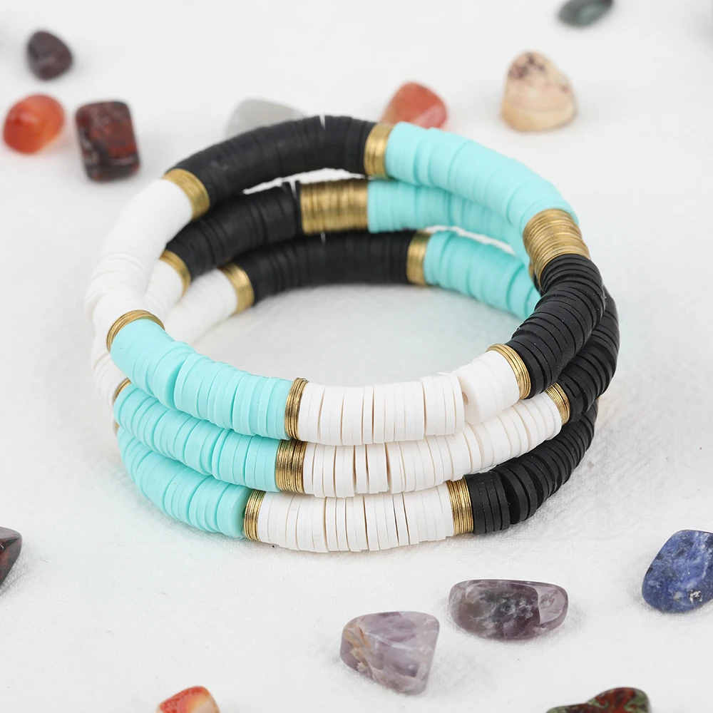 5Pcs Blue Black White Color Polymer Clay Heishi 8mm Gold Copper Sheets Elastic String Women Vinyl Beads Bracelet