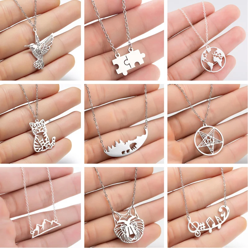 Stainless Steel Necklaces for Women Fashion Rabbit Cat Bear Bird Mountain Necklace Pendants Cute Animal Jewelrys Collier