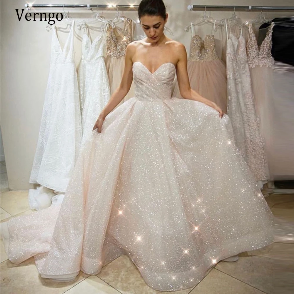 

Verngo Glitter A Line Blush Pink Wedding Dresses For Bride Sweetheart Pleats Long Sparkly Bridal Gowns Plus Size Formal Dress