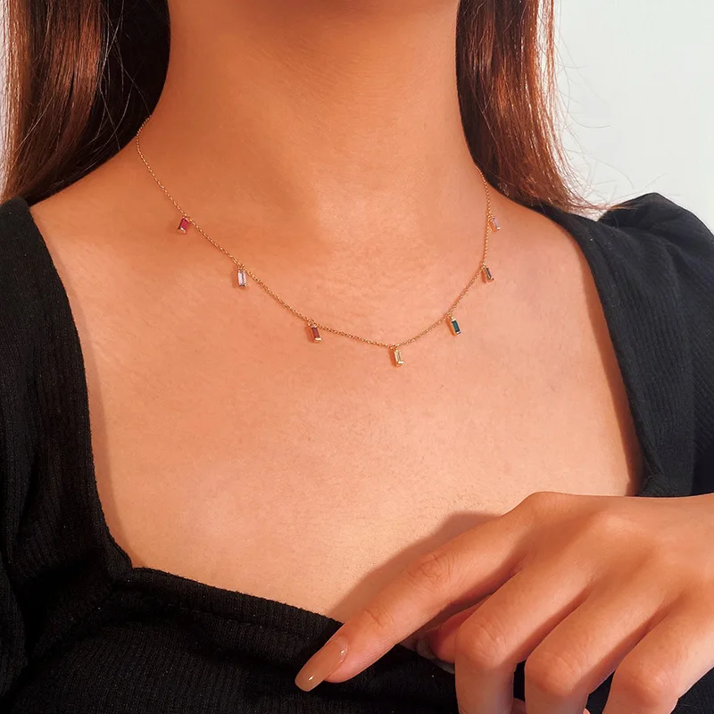 MOVESKI 925 Sterling Silver Korean INS sweet Color Zircon Necklace Women Wedding Jewelry Party Gift