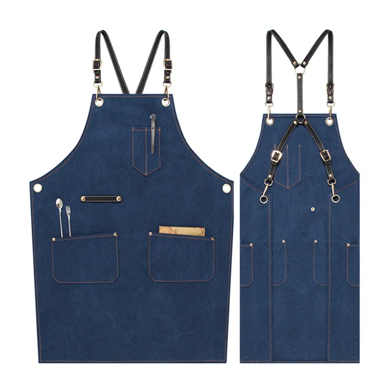 Canvas Apron Cowhide Leather Strap Cafe Barista Bartender Pastry Chef Uniform Florist Barber Hairdresser Gardener Workwear E42