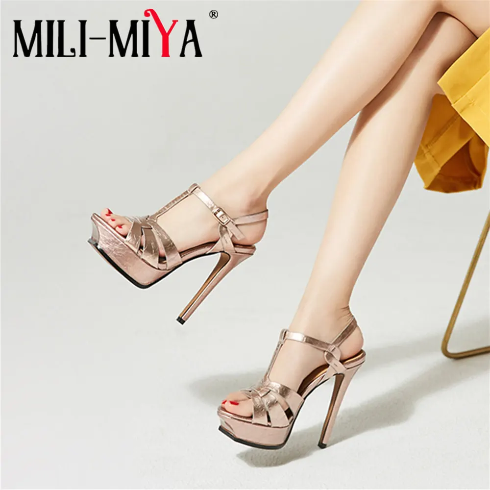 MILI-MIYA Cow Leather Stiletto Sandals Women Platform High Heel Gladiator  Fashion Open Toe Summer Sexy Dance Shoes Handmade