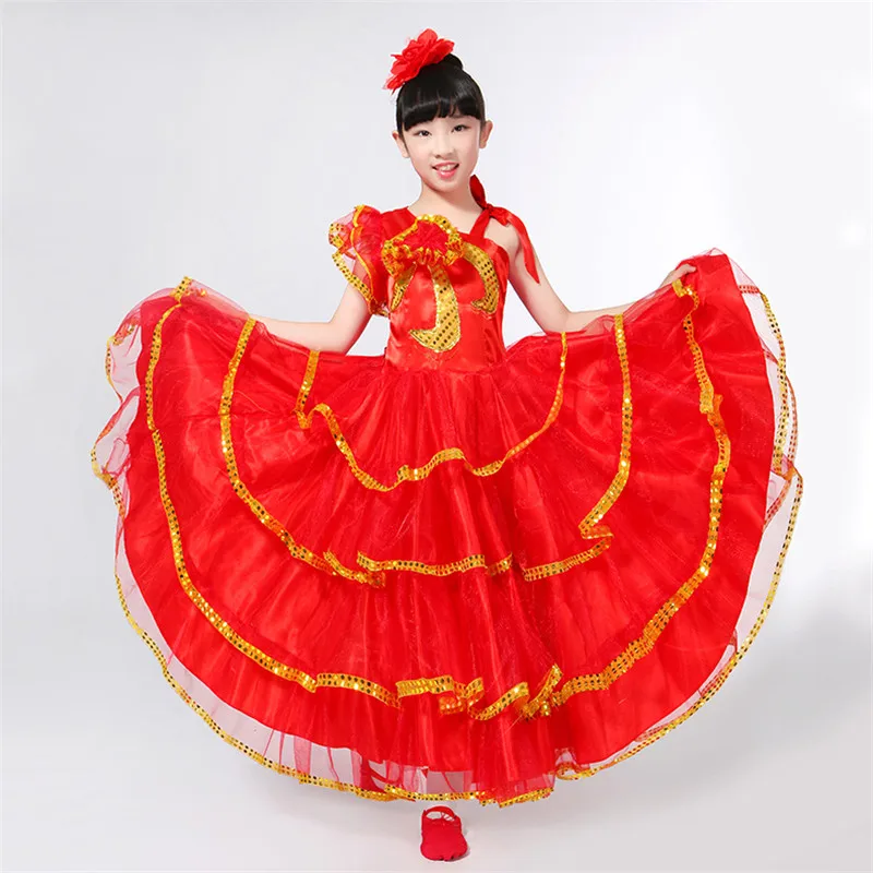 Girls Flamenco Dress Spanish Dance Gypsy Skirt Woman Stage Performance Spain Traditional Bullfighting Costumes 100-150CM DL4219