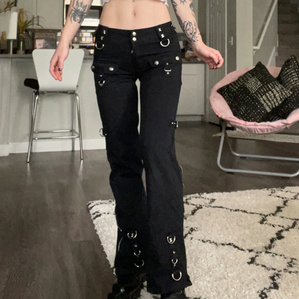 Gothic Punk Black Cargo Jeans Women Autumn Emo Dark Pants Goth Hip Hop Joggers Streetwear Cyber Y2k Baggy Long Trousers Kpop