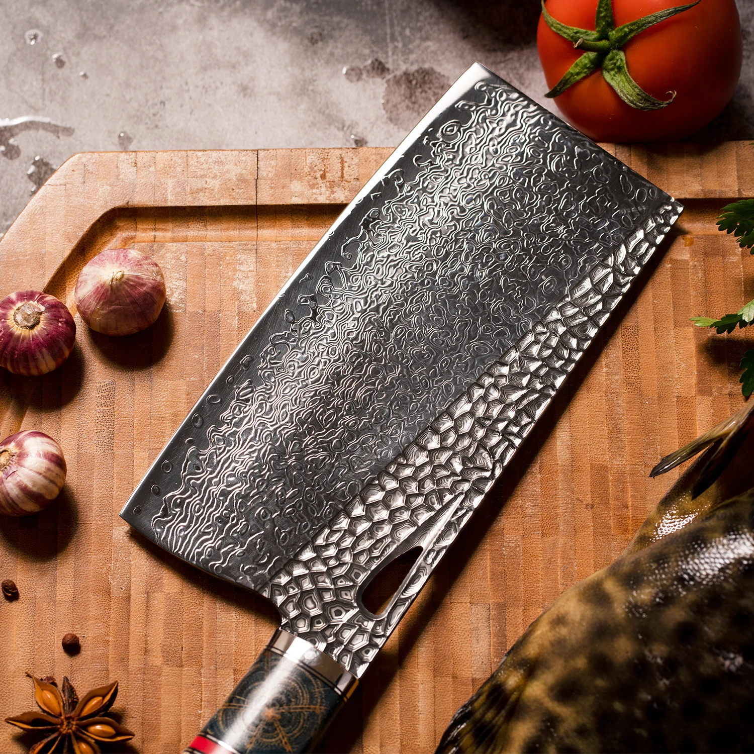 PEDWIFE Cleaver Chef Knife 7.5-inch High Carbon Damascus Steel Burl Stabilized Wood Handle Meat Knives Chinese Kitchen Knife