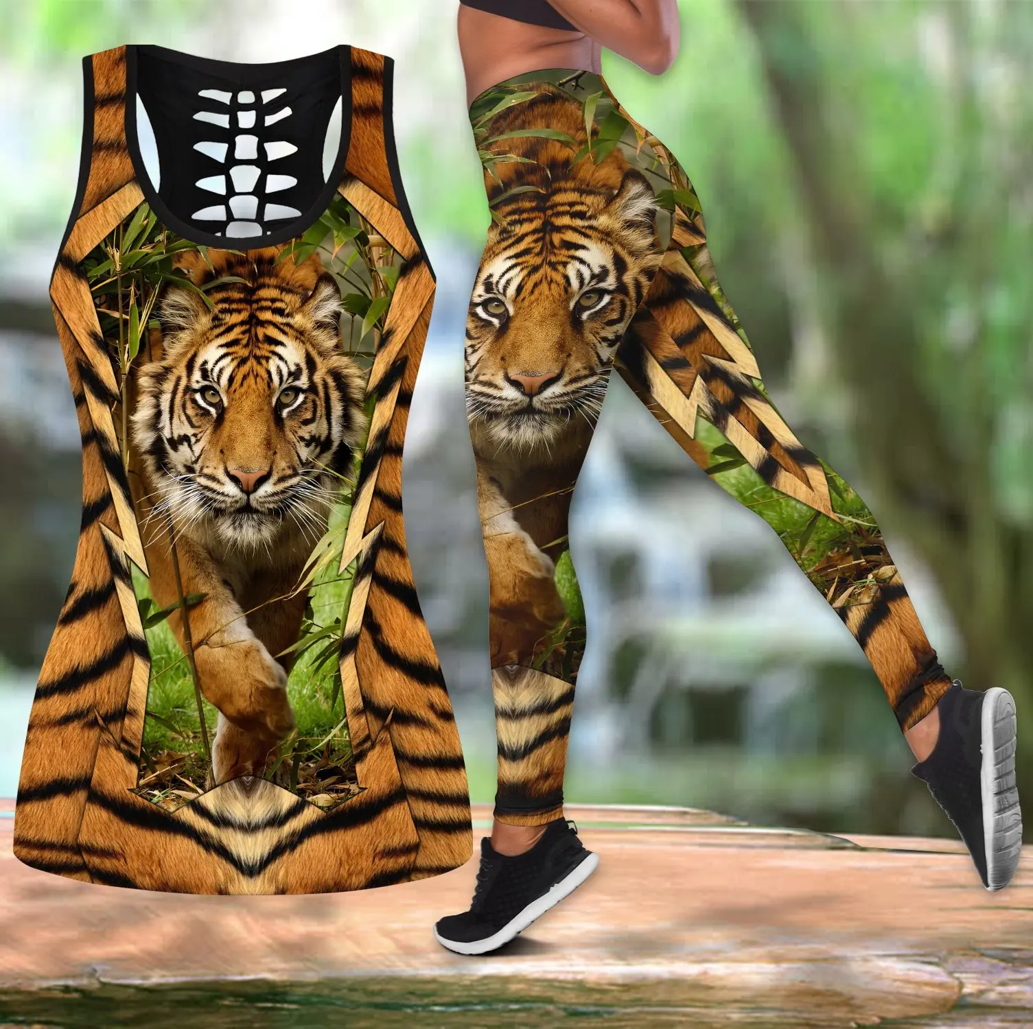 Bella tigre 3D All Over stampato Hollow Tank Top e Leggings Set Fitness femminile Leggings a figura intera pantaloni da corsa DDK60