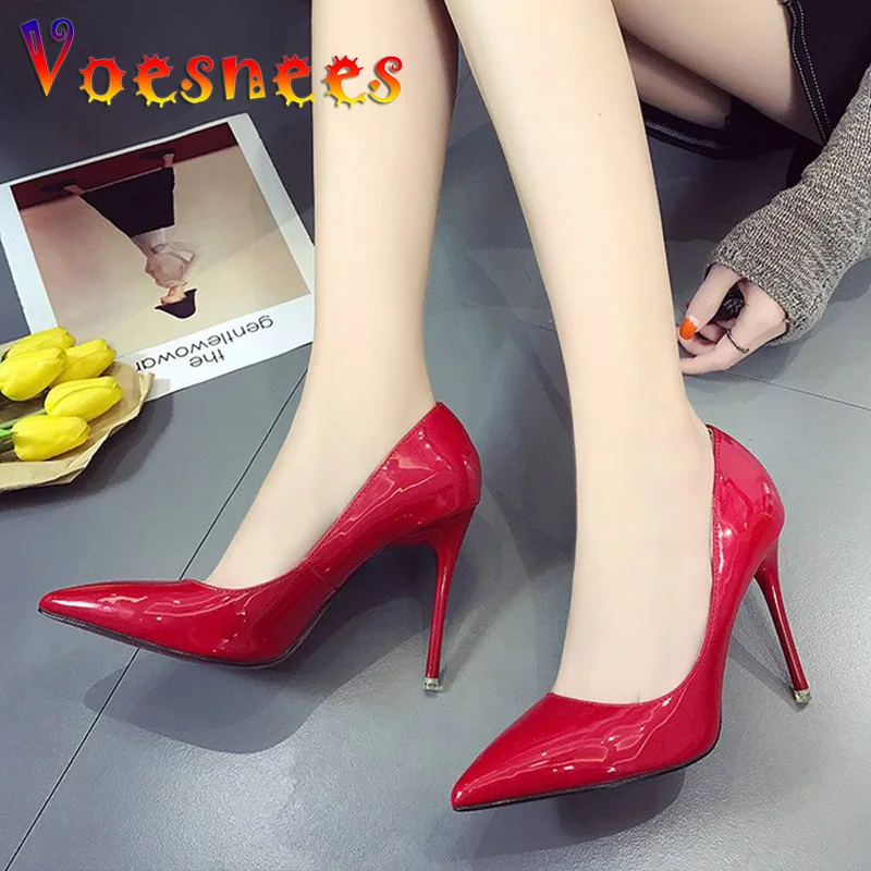 Voesnees Women Pumps 2021 Fashion Career Office High Heels Pointed End Shallow Mouth Patent Leather Thin Heel Ladies Work Shoes