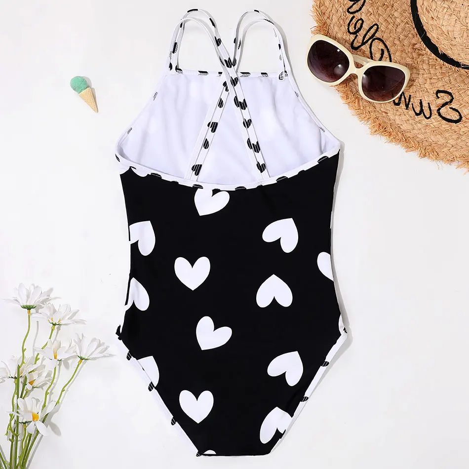 Heart Print Girls One Piece Swimsuit Kids 5-12 Years Girl Bathing Suit Swim Monokini Cross Back Children\'s Swimwear Beachwear