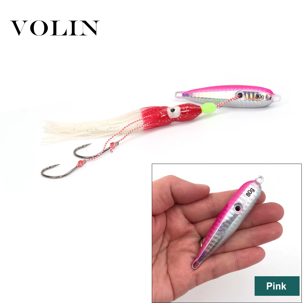 

VOLIN 1pcHard Bait Slow Jigging Lure with Squid and Hook 40g 60g 80g 100g 120g 150g Saltwater Artificial Metal Fishing Lure