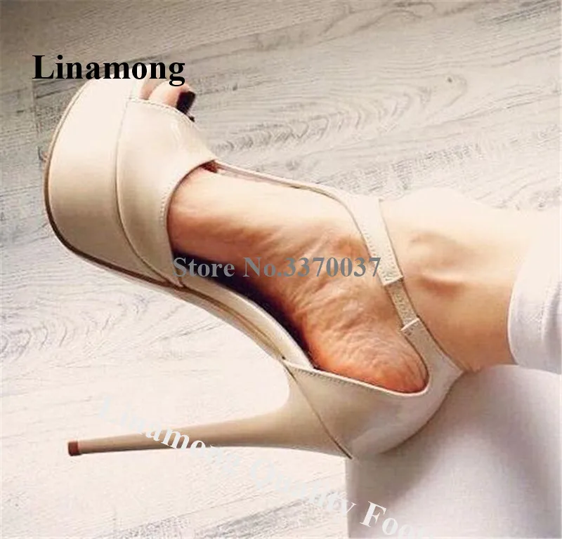 Women Fashion Style Peep Toe Patent Leather Stiletto Heel High Platform Pumps T-strap Beige High Heels Formal Dress Shoes