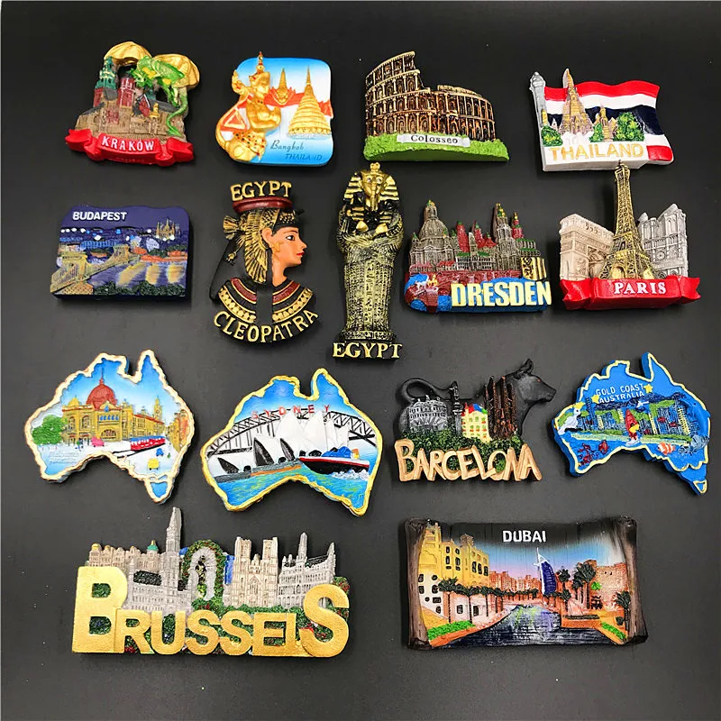 National Tourist souvenir Hungary  dubai Thailand Poland Egypt  Italy Australia Germany  Spain Belgium resin refrigerator magnet