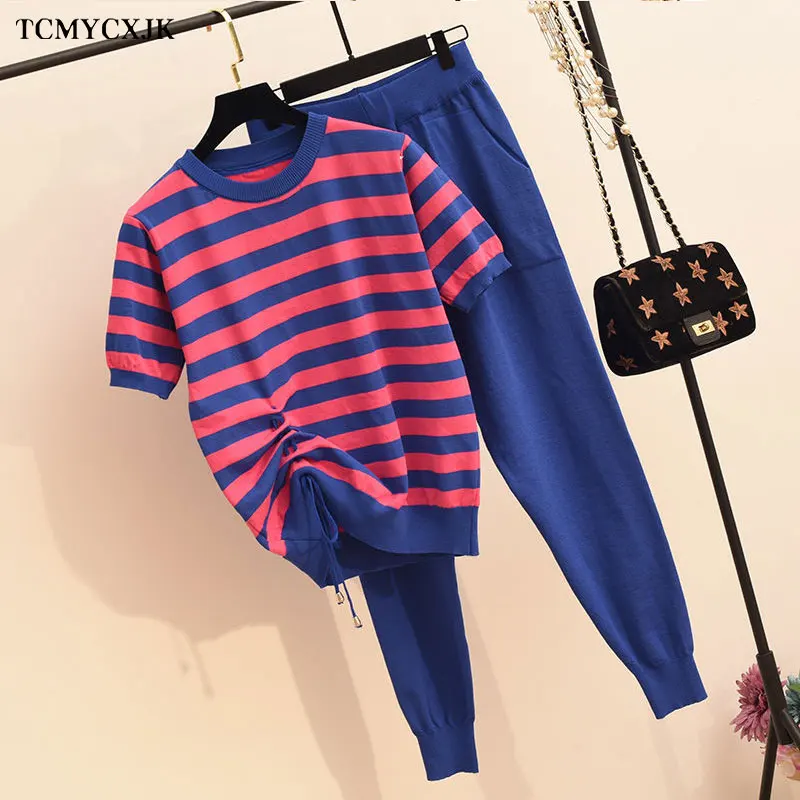 Summer Two-piece Set Sexy Women Striped Stitching Drawstring Short-sleeved Knitted Pants Suit Female Casual Suits