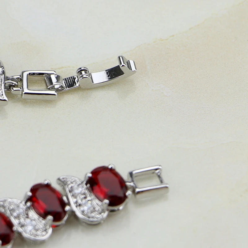 Oval Red Rhinestone White CZ Charm 925 Sterling Silver Chain Link Bracelet For Women Free Gift Box