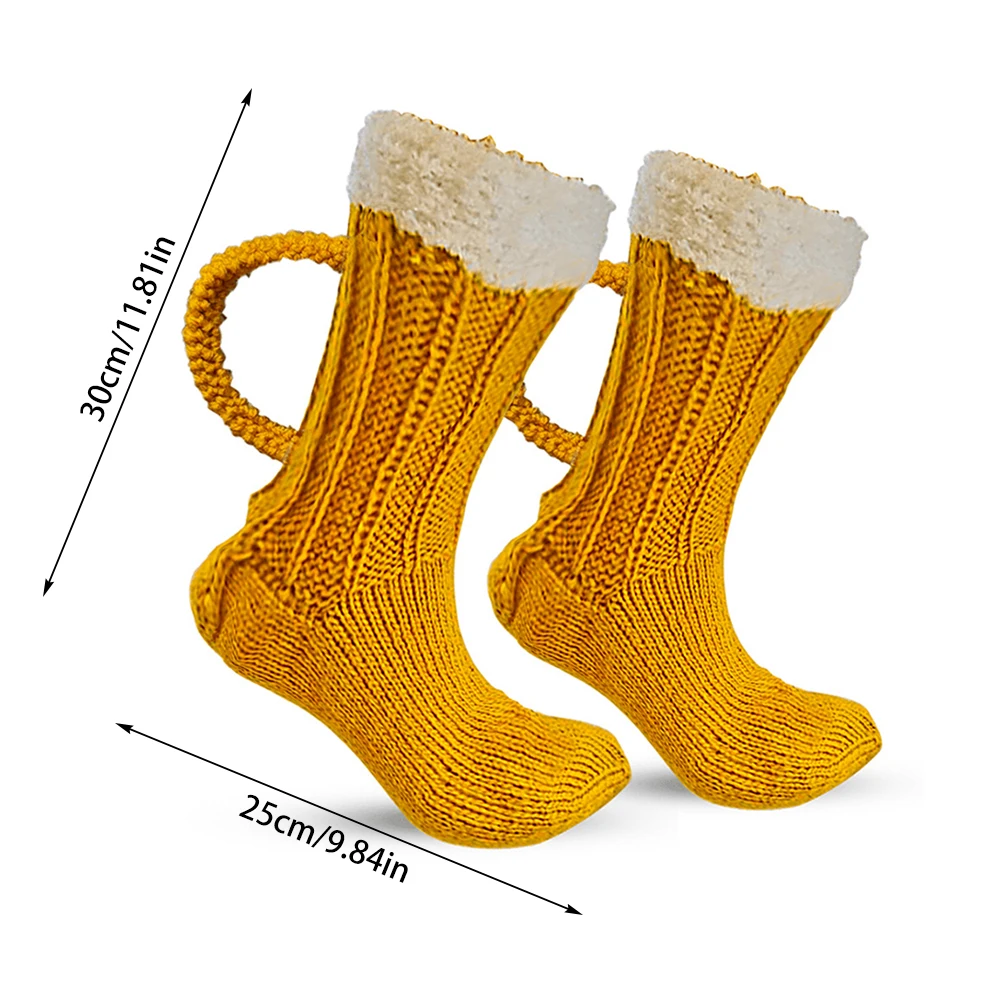 3D Beer Mug Knit Long Tube Socks Cute Unisex Novelty Winter Warm Beer Double Color Block Thick Plush Fleece Fluffy Floor Socks