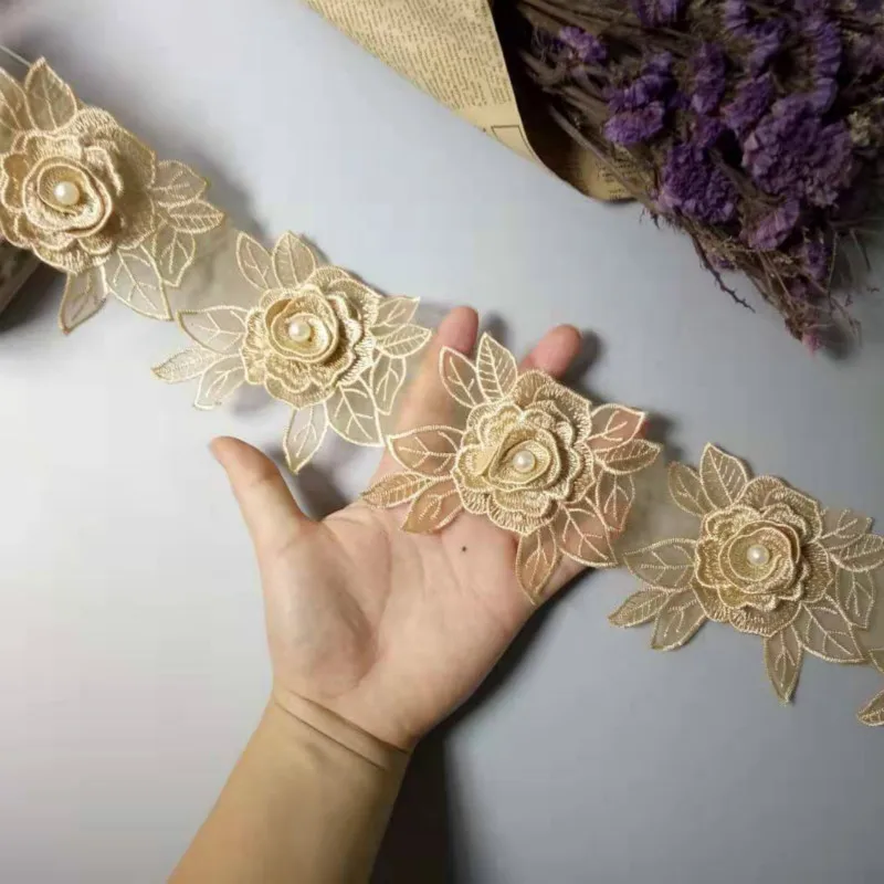 3 yard Gold Polyester Rose Flower Handmade Embroidered Fabric Lace Trim Applique Ribbon DIY Sewing Craft Decoration 10cm