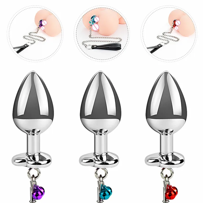 Crystal Heart Buttplug Stainless Steel Leash Chain Anal Plug Bells Pendant Prostate Massager SM Erotic Sex Toys For Women Men