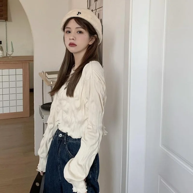 Cropped Blouses Women Ruffles Pure Korean Style Autumn Temperament Cozy All-match Mujer Students Leisure Prevalent Retro Top New