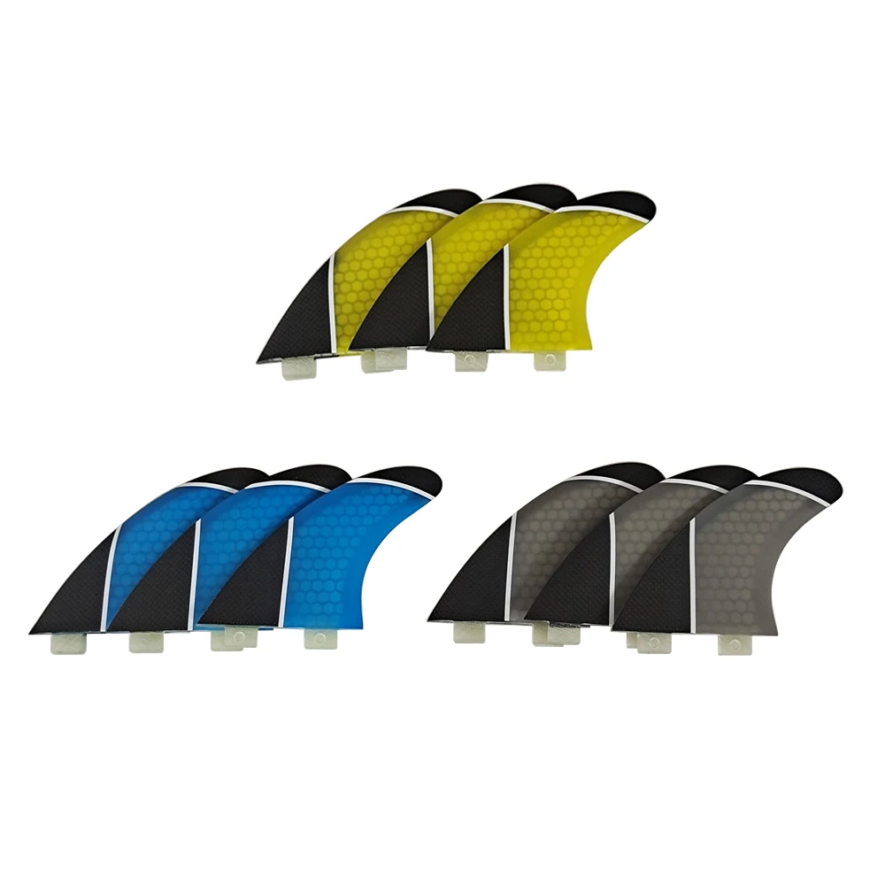 

New Arrival Double Tabs Fins PM-M Yellow/Grey/Blue Double Tabs Tri fin set Fiberglass Honeycomb tri fins Upsurf surfboard fins