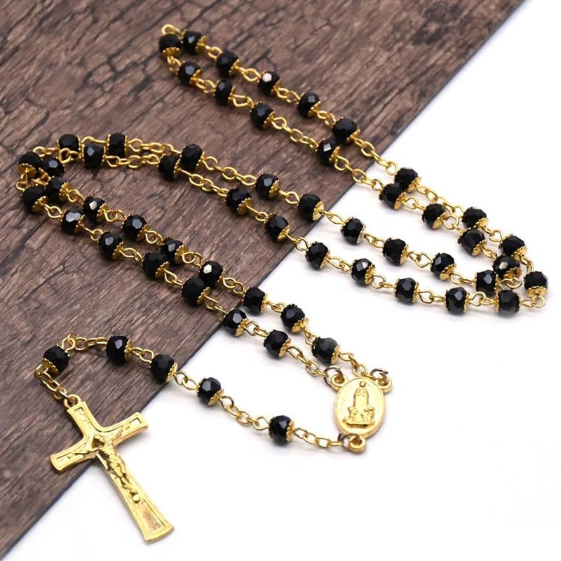 QIGO Black Crystal Rosary Necklace For Women Men Long Cross Catholic Jewelry