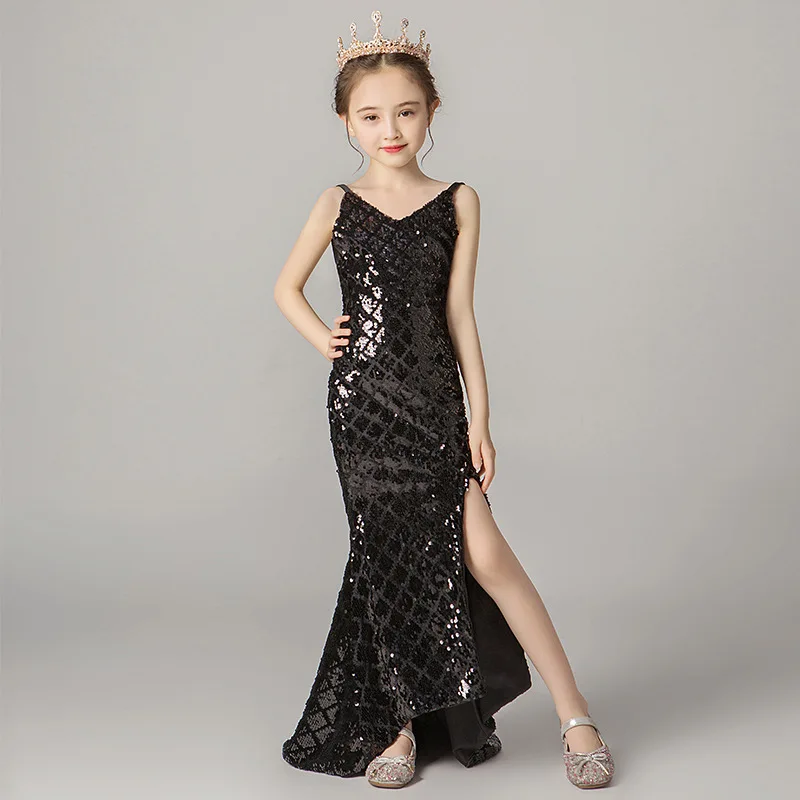 Girl Black Sequined Mermaid Dress Kids Elegant Gowns Children Sleeveless Princess Frocks Girls Wedding Birthday Party Dresses