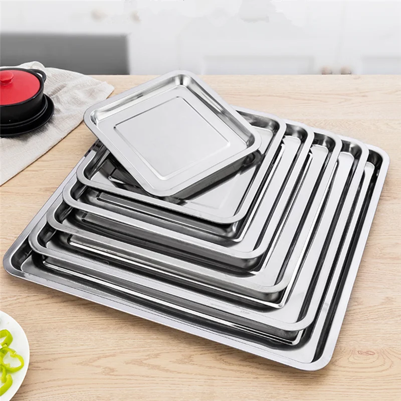 

Square Stainless Steel Food Fruit Storage Tray Cake Barbecue Pastry Steamed Sausage Shallow Pans Plate Dish Kitchen Accessories