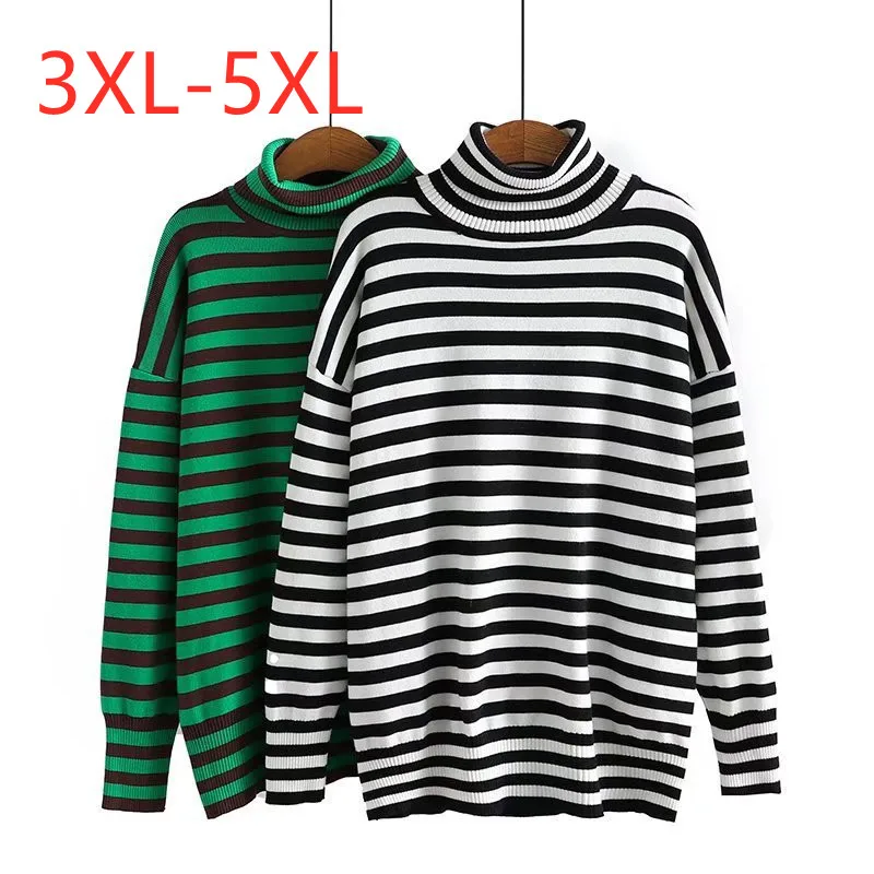 

Large women's autumn and winter new high neck medium and long striped Plus Size sweater