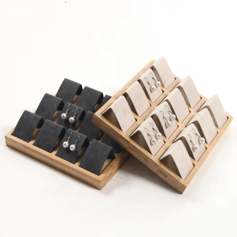 

Beige Velvet Wood Tray New Wedding 12 Pairs Earring holder Wooden Beads Organizer Box Velvet Necklace Box Jewelry Display Stand