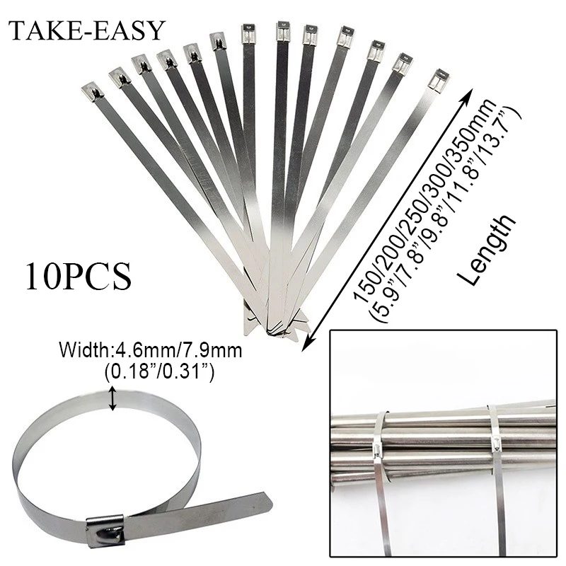 10Pcs Stainless Steel Cable Tie Set Heavy Duty Organizador Cables Large Zip Ties Self-Locking Heat Corrosion Resistance