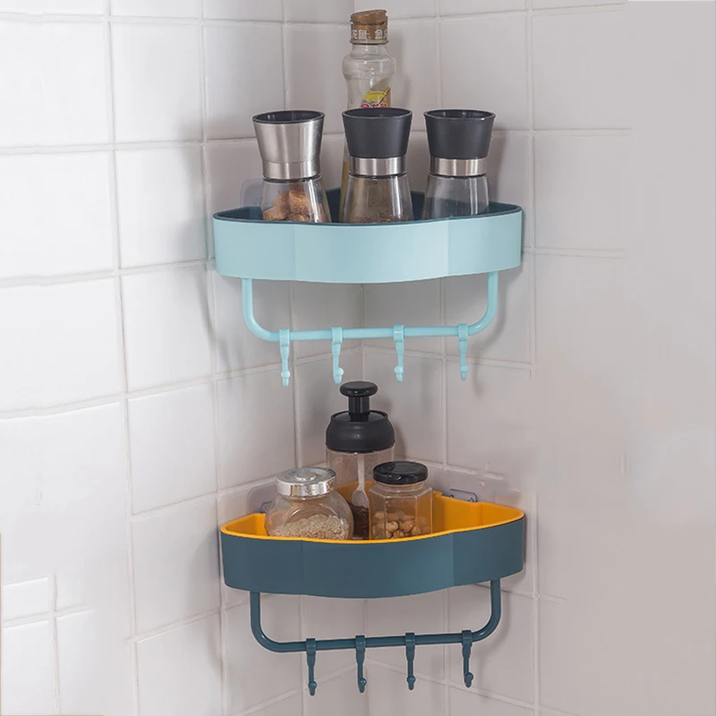 

Corner Bathroom Shelf with Hooks, Bathroom Accessories, Shampoo Shower Frame, Kitchen Storage, Wall-Mounted Storage