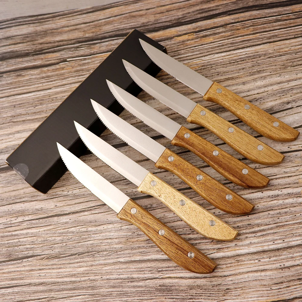 Jaswehome 6pcs/Set Stainless Steel Steak Knife Set Dinner Knife  With Wood Handle Table Knives Set Restaurant Cutlery Dinnerware