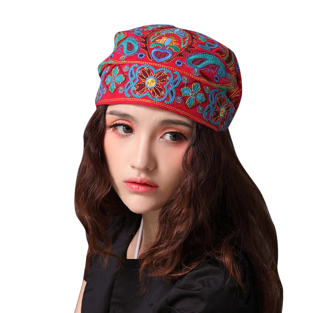 2020 Newly Women Mexican Style Ethnic Vintage Embroidery Flowers Bandanas Red  Print Hat Women's Hat Winter Hats For Women