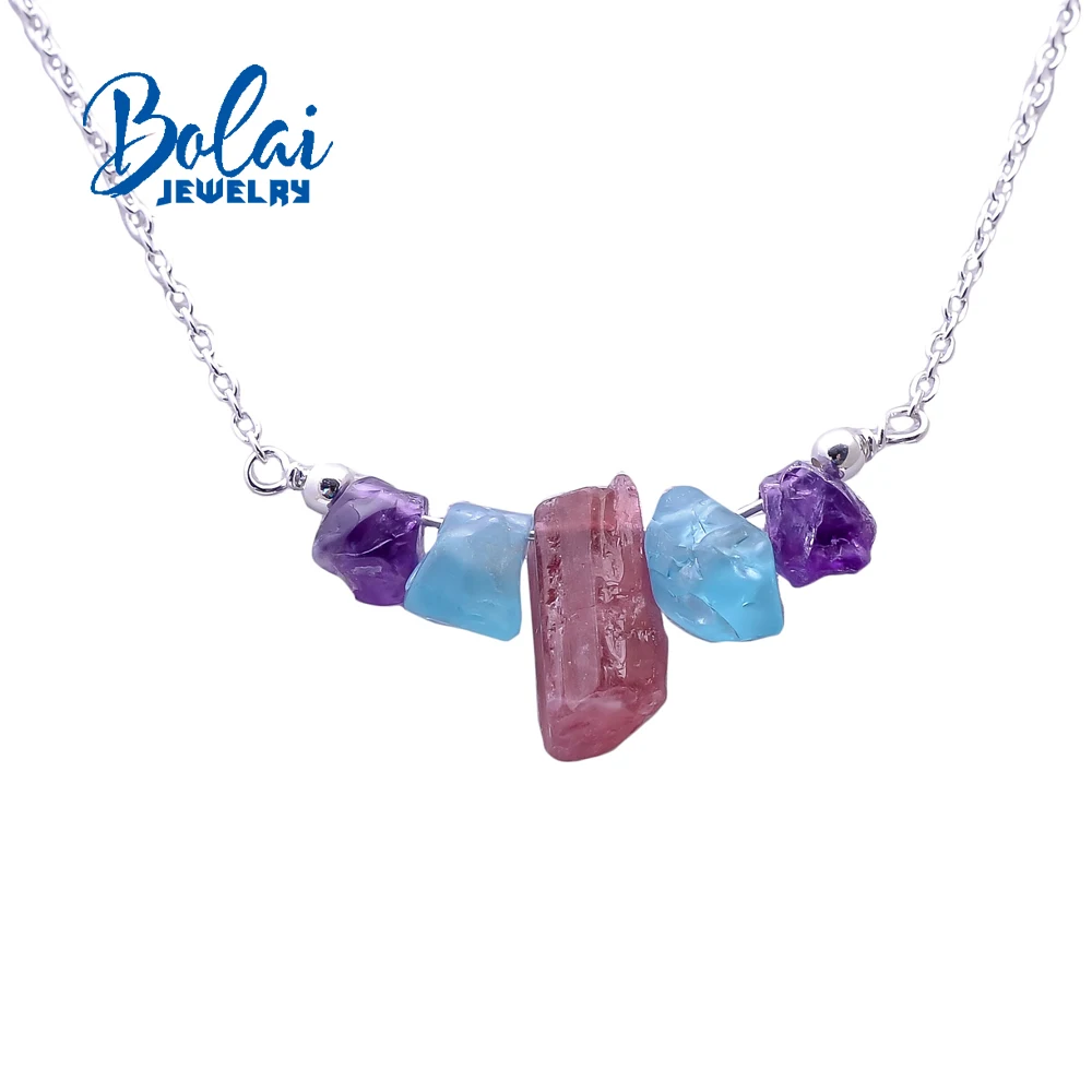 bolai,Simple design original handmade mixed gem necklace, 925 sterling silver,Fine jewelry for women to wear on a daily basis