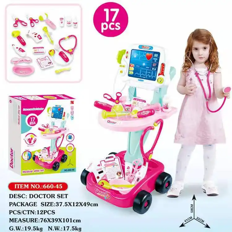 Chritmas17Pcs/Set Kids Pretend Play Doctor Toys Nurse Medical Playset Girl Role Play Kit Educational Toy Set ECG Screen Trolley