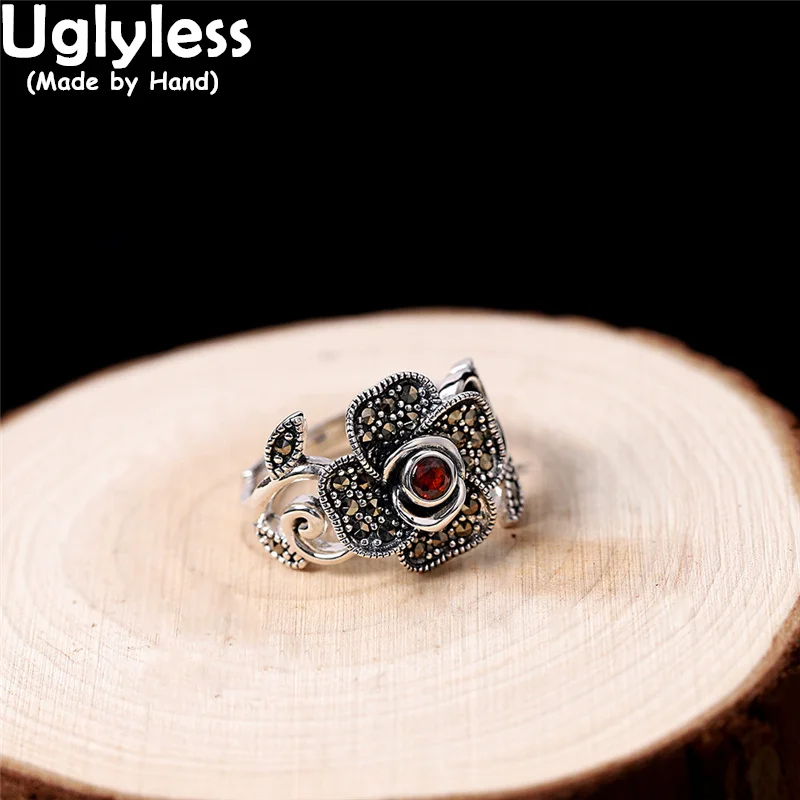 Uglyless Marcasite Flower Leaf Rings for Women Real Thai Silver 925 Silver Floral Jewelry Garnet Ethnic Retro Rings Retro Bijoux